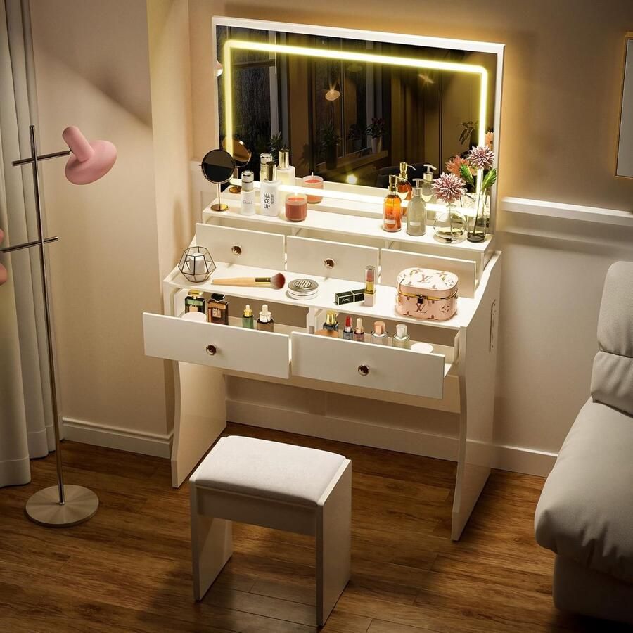 HomeByNicole Deluxe Schminktisch mit LED-Beleuchtung & Hocker – 5 Schubladen Spiegel mit 3 Lichtmodi Steckdosen & USB-Anschlüsse – Moderner Frisiertisch 80 x 40 x 135 cm Weiß