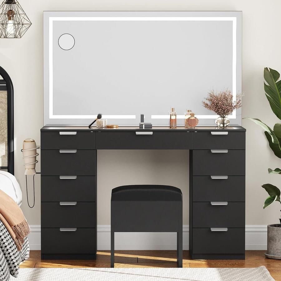 HomeByNicole Deluxe Schminktisch mit LED-Beleuchtung Spiegel und Hocker – 11 Schubladen Aufbewahrung USB-Anschlüsse & Steckdosen Verstellbare Helligkeit Moderner Kosmetiktisch für Schlafzimmer Ankleidezimmer & Make-up Studio Schwarz