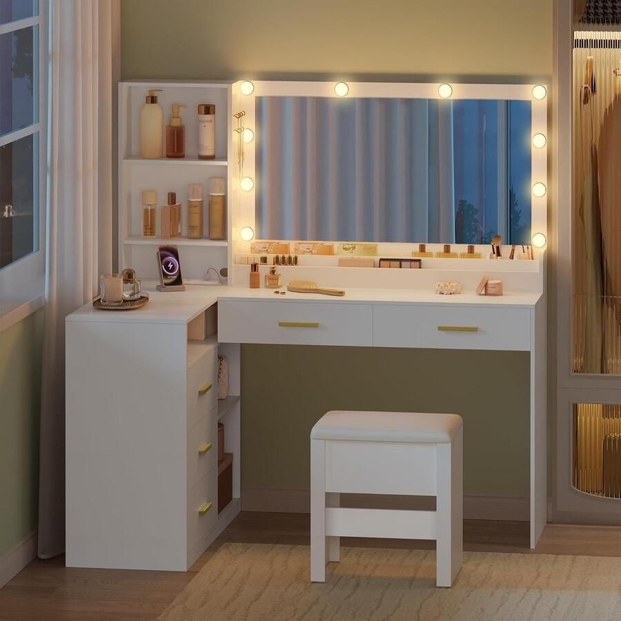 HomeByNicole Eck-Schminktisch mit Großem Spiegel & Hocker – Moderner L-förmiger Schminktisch mit 5 Schubladen Offenen Fächern & Viel Stauraum – Frisiertisch für Schlafzimmer Weiß 120x40x139 cm