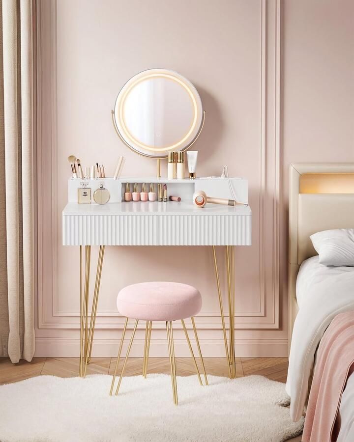HomeByNicole Elegance Vanity Set – Schminktisch mit Hocker & LED Spiegel Steckdosen & USB-Anschluss Frisiertisch 80 cm Weiß-Gold Kosmetiktisch mit Schubladen & Organizer – Modernes Make-up Tisch Set für Schlafzimmer