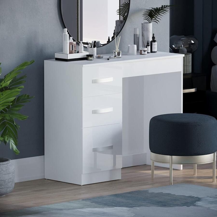 HomeByNicole Elegance Vanity Table – Modern White Dressing Table with 3 Drawers – High Gloss Finish – Compact Makeup Desk with Ample Storage – Elegant Bedroom Furniture for Beauty & Organization