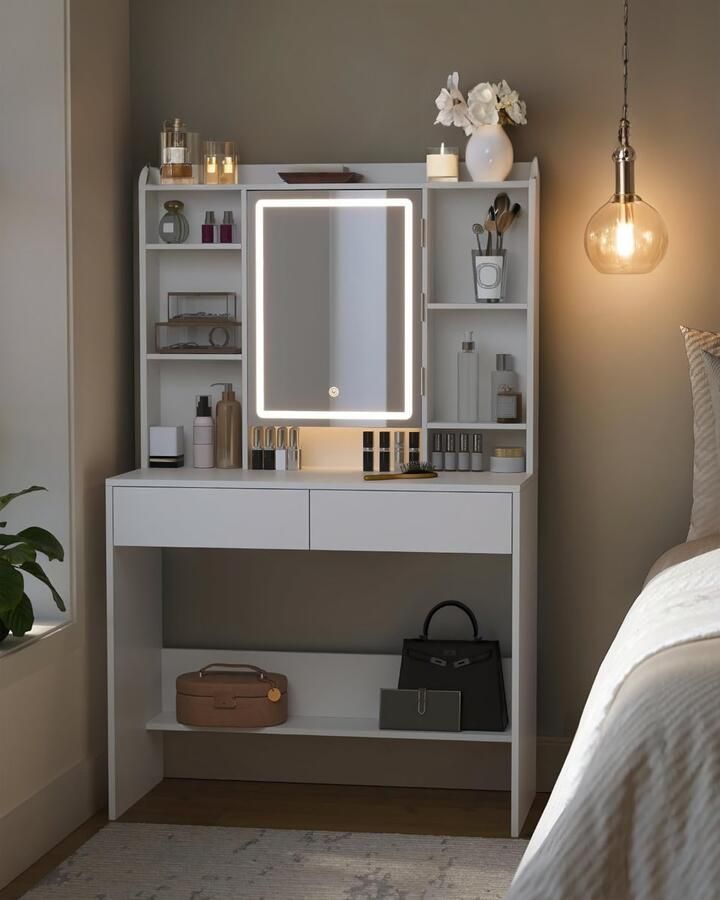 HomeByNicole EleganceGlow™ LED Schminktisch – Moderner Frisiertisch mit Spiegel 3 Lichtfarben Verstellbare Ablagen & 2 Schubladen – Weiß