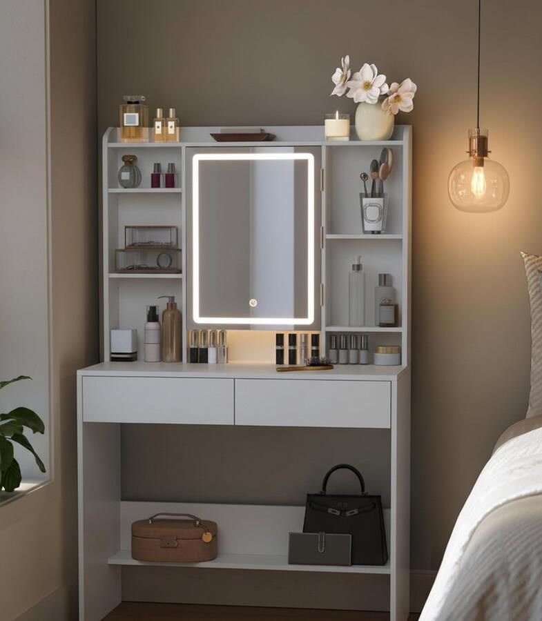 HomeByNicole EleganceGlow™ Schminktisch mit LED-Beleuchtung – 3 Lichtfarben & Helligkeit Einstellbar – Moderner Frisiertisch mit Spiegel 2 Schubladen Verstellbare Ablagen Schmuckhaken & Stauraum – Weiß