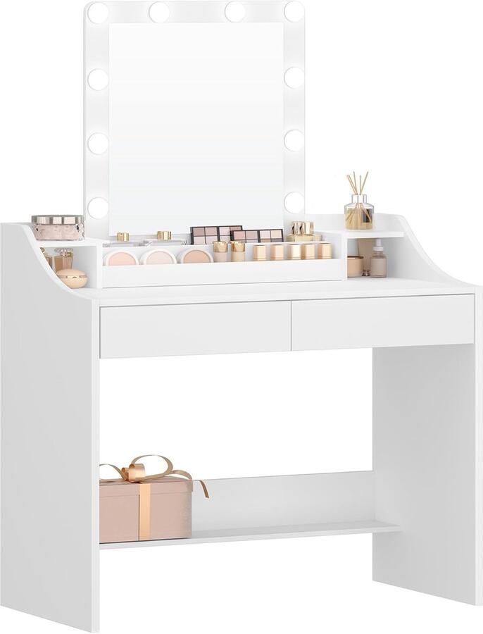 HomeByNicole EleganceGlow Schminktisch mit LED-Spiegel – 3-Farben-Beleuchtung Einstellbare Helligkeit 2 Schubladen & 3 Ablagen – Moderner Frisiertisch in Weiß 90x40x140 cm – Schminktisch mit Stauraum für Schlafzimmer & Ankleidezimmer