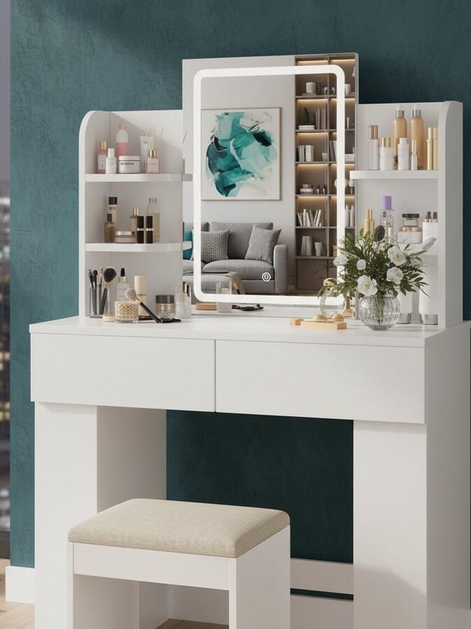 HomeByNicole EleganceGlow™ Schminktisch Set mit Hocker & LED-Spiegel – 3 Lichtfarben & Dimmfunktion – Moderner Frisiertisch mit 2 Schubladen & offenen Fächern – Kosmetiktisch Weiß 90x40x135cm – Make-up Tisch für Schlafzimmer