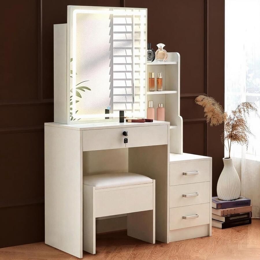 HomeByNicole EleganceLux Schminktisch mit LED-Beleuchtung & Hocker – Moderner Frisiertisch mit Dimmbarem Spiegel 4 Schubladen Großem Stauraum & Glas-Oberfläche – Weißer Kosmetiktisch für Schlafzimmer