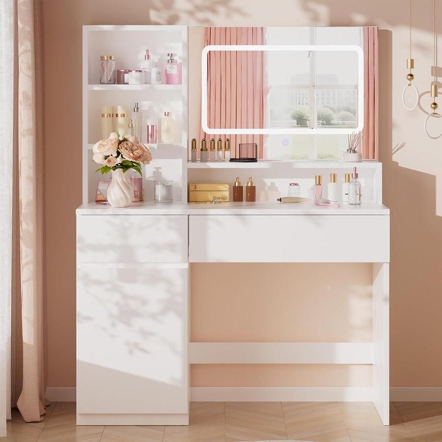 HomeByNicole Elegant LED Schminktisch mit Spiegel 3 Farbmodi & Einstellbarer Helligkeit 2 Schubladen 4 Ablagefächer & Schrank Moderner Kosmetiktisch für Schlafzimmer Make-up und Beauty Zubehör Weiß 90 x 40 x 135 cm