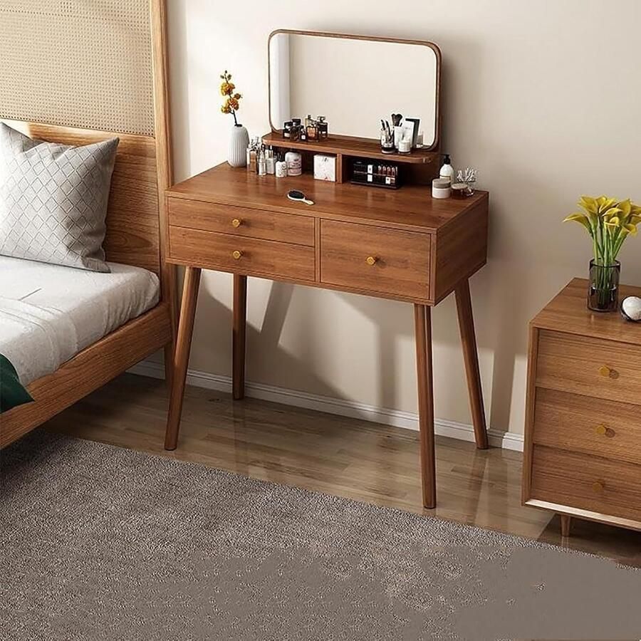 HomeByNicole Elegant Wooden Dressing Table with Adjustable LED Mirror 3 Spacious Drawers & Storage Shelves – Modern Vanity Table for Bedroom or Living Room – Walnut Finish 80 cm