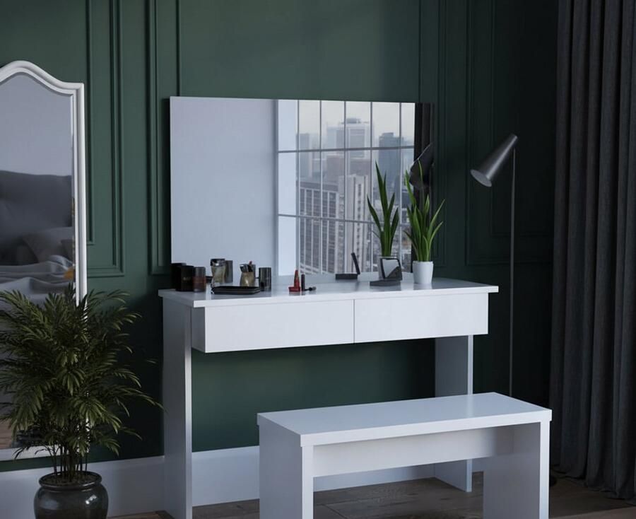 HomeByNicole Eleganter Schminktisch „Lumine“ mit Spiegel – Weiß Hochglanz Kosmetiktisch mit Schubladen optional LED-Beleuchtung Hocker oder Bank – Moderner Frisiertisch für Schlafzimmer & Make-up Bereich