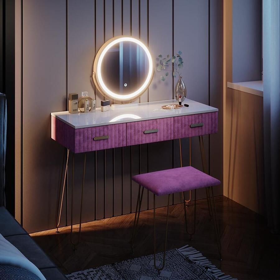 HomeByNicole Eleganter Schminktisch „Luna“ mit LED-Spiegel und Hocker – 3 Schubladen Rosa Weiß 100 cm – Moderner Kosmetiktisch für Schlafzimmer Make-Up & Styling