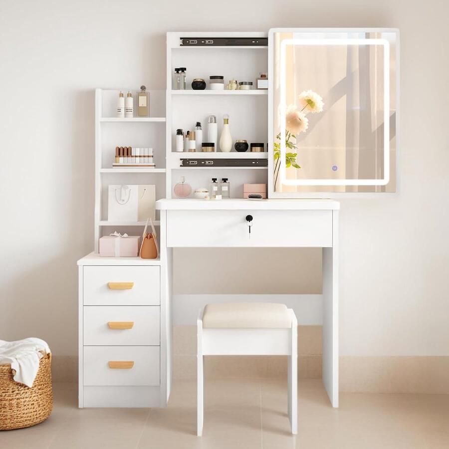 HomeByNicole Eleganter Schminktisch mit LED-Beleuchtung 3 Farbmodi & Dimmbare Helligkeit Schminktisch mit Hocker 5 Schubladen & 3 Ablagen Schiebespiegel & Stauraum – Moderner Make-up Tisch für Schlafzimmer & Ankleidezimmer