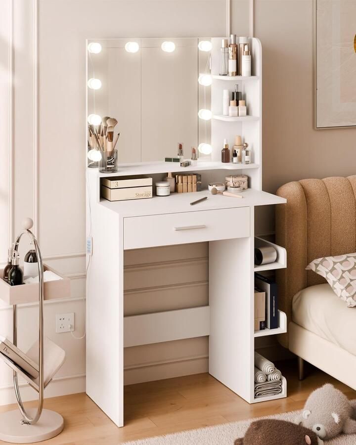 HomeByNicole Eleganter Schminktisch mit LED-Spiegel 10 dimmbare Lichtkugeln 1 Schublade & 7 offene Fächer Moderner Frisiertisch für Make-up Schlafzimmer & Kosmetik Weiß 67 x 36 x 138 cm