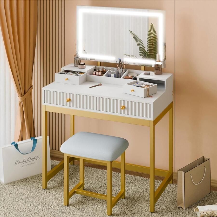 HomeByNicole Eleganter Schminktisch mit LED-Spiegel & Hocker – 3 Farbmodi Beleuchtung 4 Schubladen Schmuckfächer & Offene Ablagen – Moderner Kosmetiktisch für Schlafzimmer Make-up & Styling Weiß-Gold 80x45x136 cm
