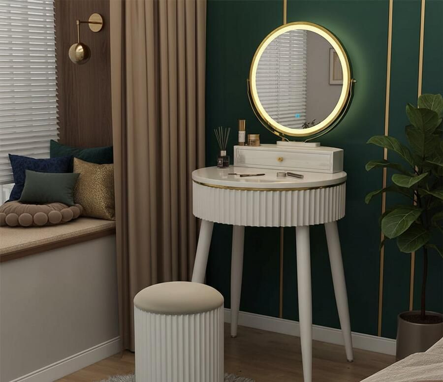 HomeByNicole Eleganter Schminktisch mit LED-Spiegel Hocker und 2 Schubladen – Weiß 60 cm – Dimmbares Make-Up Licht für Perfekte Beleuchtung im Schlafzimmer oder Ankleidezimmer