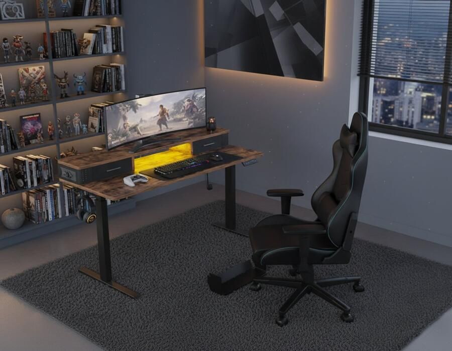 HomeByNicole Elektrisch In Hoogte Verstelbaar Zit-Sta Bureau 140x60 cm – Ergonomisch Staand & Zittend Computer Bureau met Geheugenfunctie USB & Stopcontact – Industrieel Design met Monitorstandaard Lade & Haak – Rustic Brown –