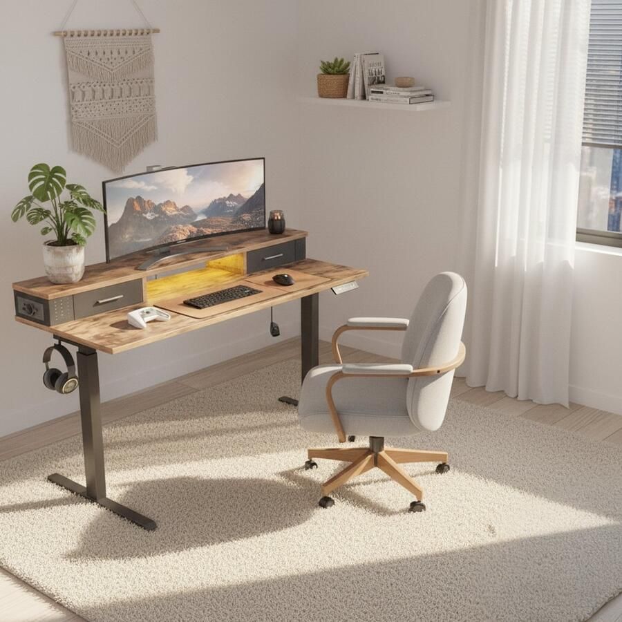 HomeByNicole Elektrisch Zit-Sta Bureau – Ergonomisch In Hoogte Verstelbaar Sta Bureau 140x60 cm – Memory Control Anti-Collision Wielen & Kabelbeheer – Rustic Brown Zwart –