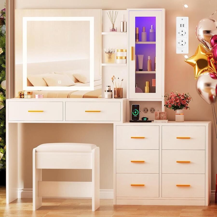 HomeByNicole Großer Schminktisch mit LED Beleuchtung & Hocker – Weißer Kosmetiktisch mit Spiegel Steckdosen USB 8 Schubladen RGB Ablage & 3 Lichtfarben – Moderner Frisiertisch für Schlafzimmer 131 cm