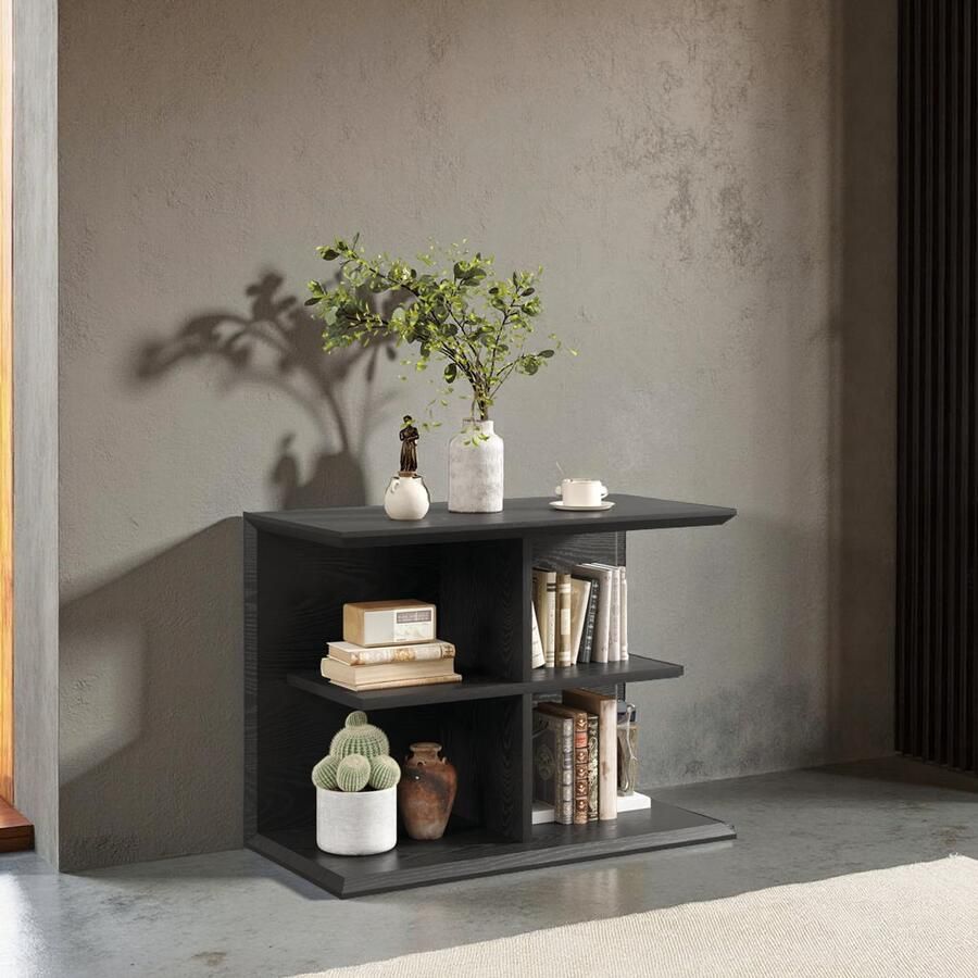 HomeByNicole Industrieel Beistelltisch – 3-Lagen Bijzettafel met 4 Opbergvakken – Smalle Sofatafel met Opslag – Moderne Nachtkastje & Salon Tafel voor Woonkamer Slaapkamer & Hal – Zwart Houtlook –