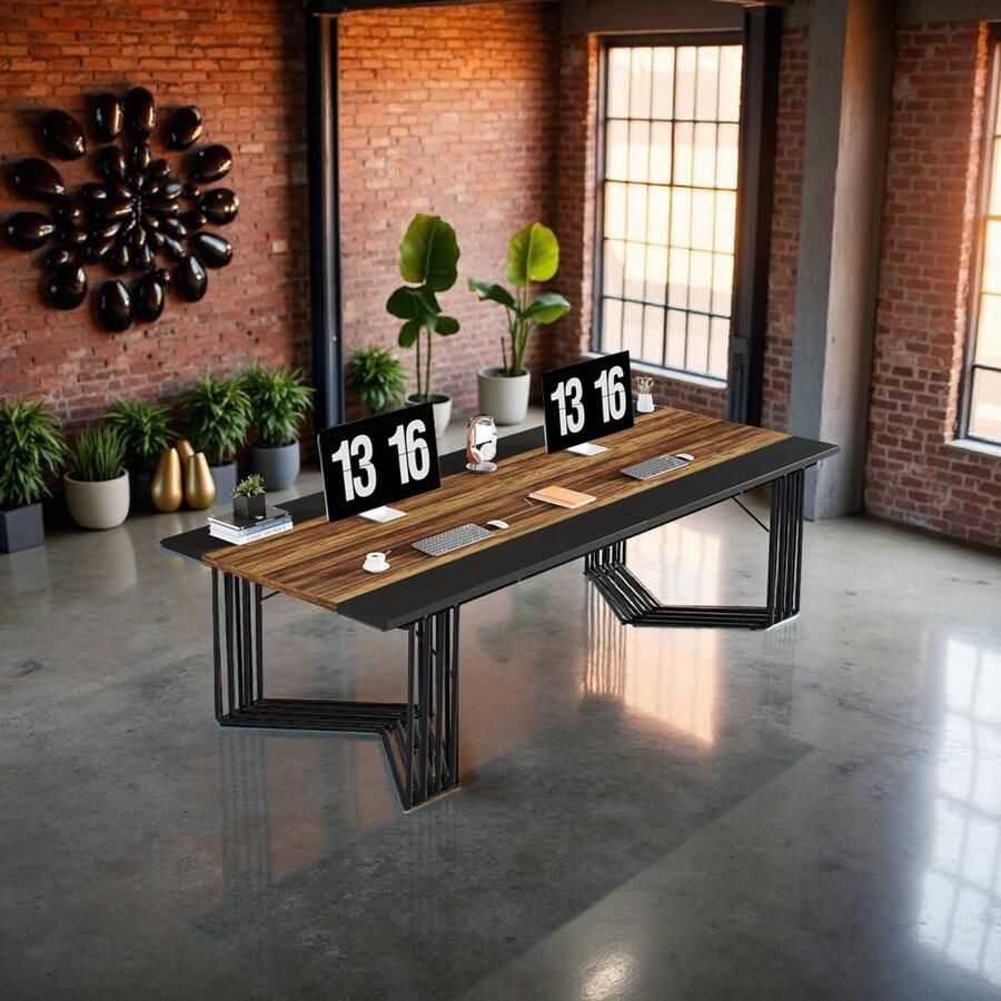 HomeByNicole Industrieel Bureau – Groot Computer Bureau 200 cm – Dubbele Werkplek & Vergadertafel – Stevig PC Schrijf- en Kantoor Tafel met Metalen Frame – Rustiek Bruin Zwart –