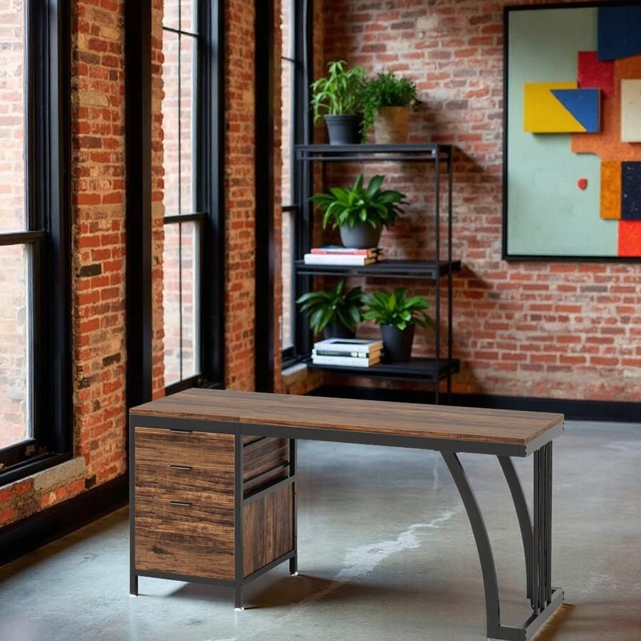 HomeByNicole Industrieel Bureau met 3 Lades – Computer Desk 150 cm – Houten Tafelblad & Metalen Frame – Rechthoekig Kantoor Bureau – Rustic Brown –