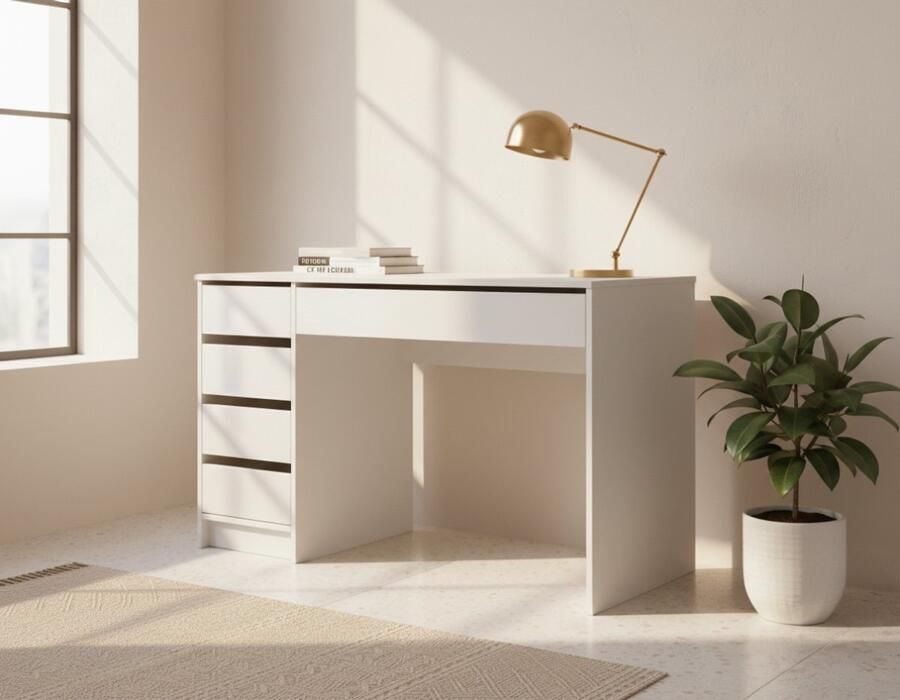 HomeByNicole Industrieel Bureau – Modern Computerbureau met 5 Lades – Groot Schrijf- en Kantoor Tafel 120 cm – PC Werktafel voor Studenten & Kinderen – Wit Hoogglans –