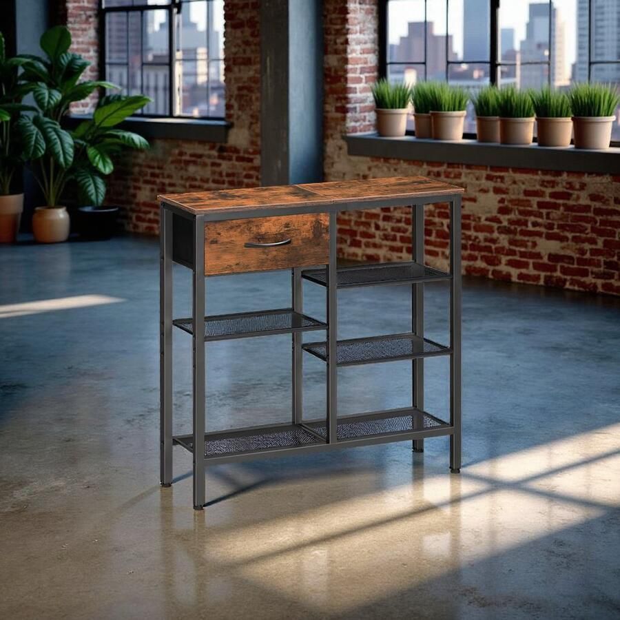 HomeByNicole Industrieel Console Tafel – Smalle Gangtafel 75 cm – Hal Tafel met Lade en 5 Opbergplanken – Vintage Bruin Zwart – Multifunctionele Opbergtafel –