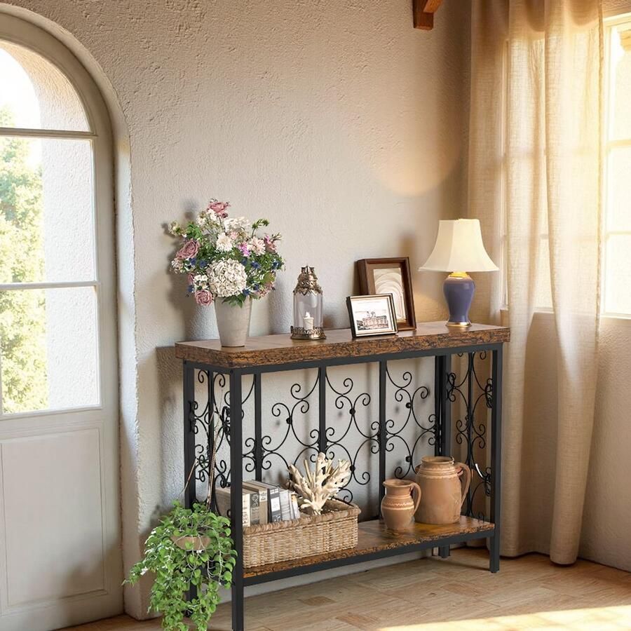 HomeByNicole Industrieel Console Tafel – Smalle Hal tafel 108 cm – Houten Gangtafel met 2 Opbergplanken – Achter de Bank Tafel – Rustiek Bruin Zwart –