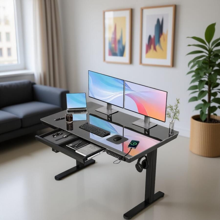 HomeByNicole Industrieel Elektrisch Bureau – Glazen Zit-Sta Bureau 120x60 cm – Ergonomisch Verstelbare Computer Werktafel met USB & Type-C Poort – Stil Motorisch Hoogte Verstelbaar Bureau – Modern Kantoor & Thuiswerk Tafel –