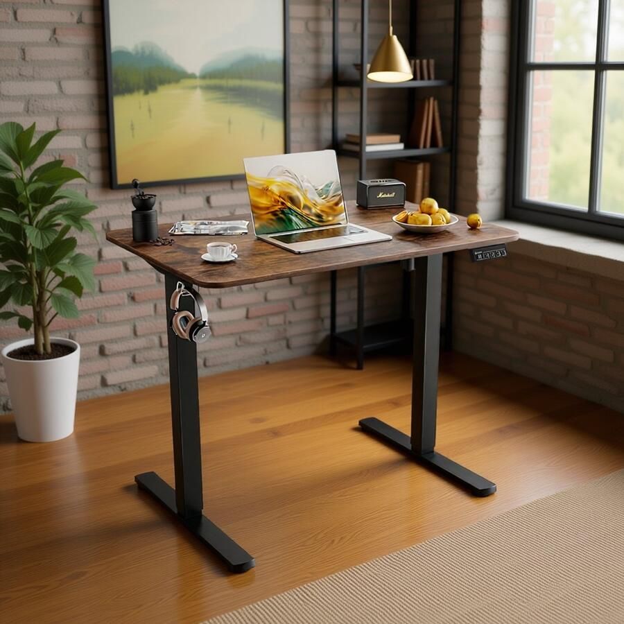 HomeByNicole Industrieel Elektrisch Zit-Sta Bureau – Hoogte Verstelbaar Computerbureau 90x60 cm – Ergonomisch Staand Kantoor Bureau met Geheugenfunctie & Haken – Rustic Brown Zwart –