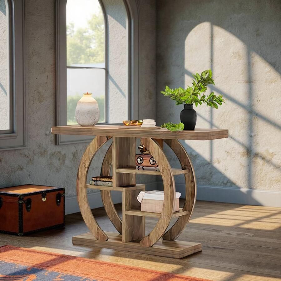 HomeByNicole Industrieel Konsolentafel – Smalle Wandtafel 108 cm – 4-Lagen Hal Tafel met Opbergruimte – Elegant Sofa- en Ingangstafel – Hout Fineer Helle Eik Bruin –