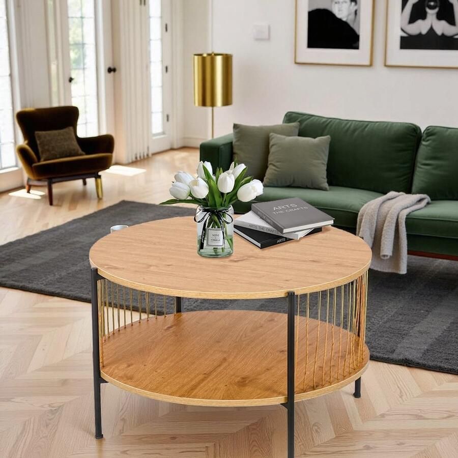 HomeByNicole Industrieel Ronde Salontafel – 2-Lagen Houten & Metalen Bijzettafel 70 cm – Moderne Vintage Koffietafel met Opbergruimte – Stevig MDF Blad & Ijzeren Frame – Rustiek Bruin Zwart –