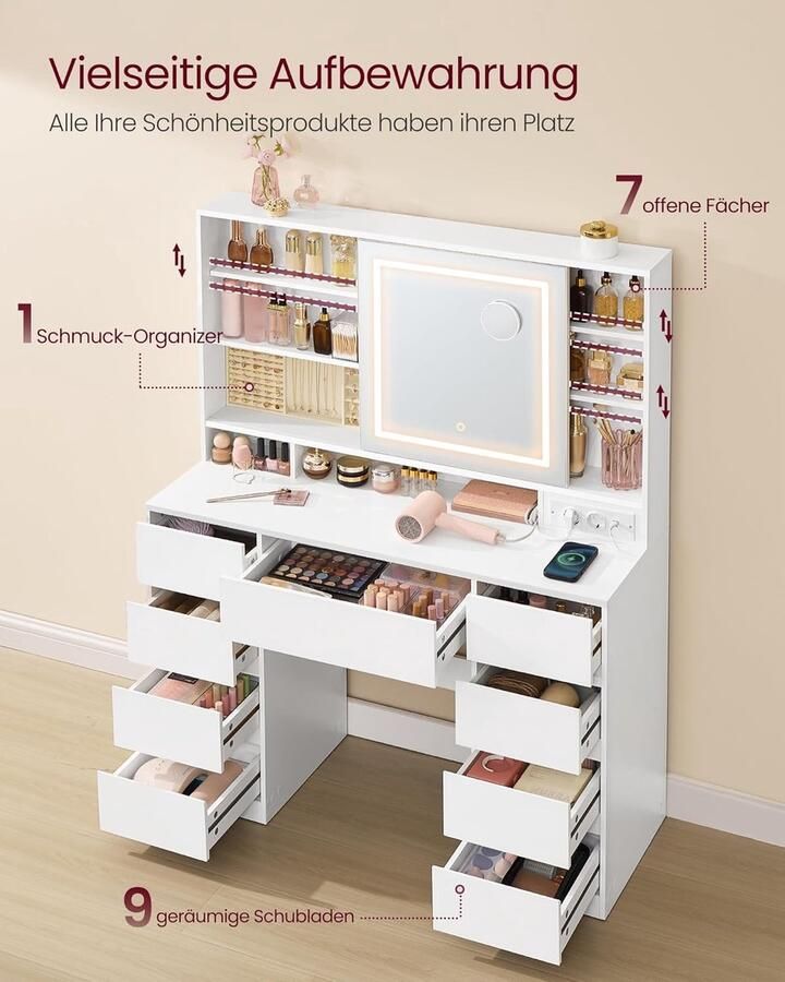 HomeByNicole „Kailyn Deluxe“ Schminktisch mit LED-Spiegel Hocker & Steckdosenleiste – 9 Schubladen 10x Vergrößerungsspiegel 3 Lichtfarben Werkzeuglose Montage Modern Weiß – Schminktisch mit Beleuchtung & Viel Stauraum für Schlafzimmer & Ankleide