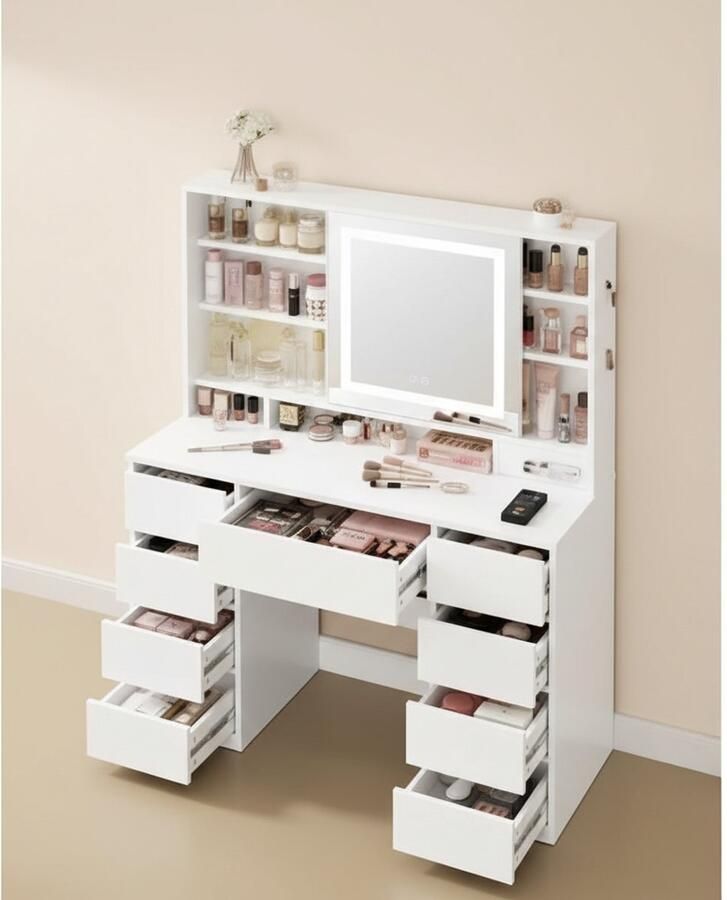 HomeByNicole Kailyn Premium Schminktisch mit LED Spiegel & Steckdosenleiste – 9 Schubladen 10x Vergrößerungsspiegel 3 Lichtfarben 3 verstellbare Ablagen viel Stauraum – Moderner Frisiertisch Kosmetiktisch in Wolkenweiß