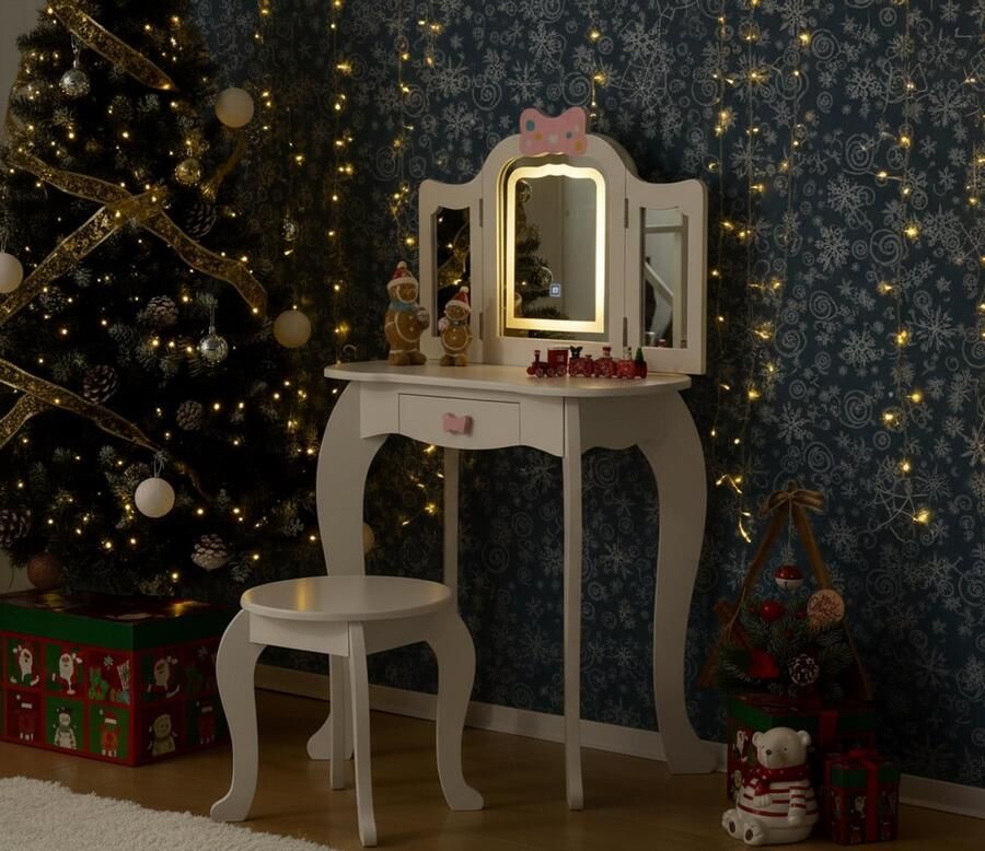 HomeByNicole Kinder Schminktisch met LED Spiegel & Hocker – 2-in-1 Kaptafel en Schrijftafel voor Meisjes – Frisiertisch met Lade – Voor Kinderen 4-9 Jaar – Wit – Veilig & Duurzaam MDF
