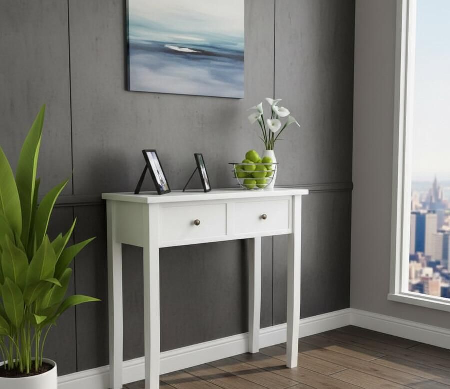 HomeByNicole Konsolentisch Weiß Holz – Schminktisch mit 2 Schubladen – Landhausstil Ablagetisch für Flur Schlafzimmer & Wohnzimmer – Elegante Kaptafel – 79x30x74 cm