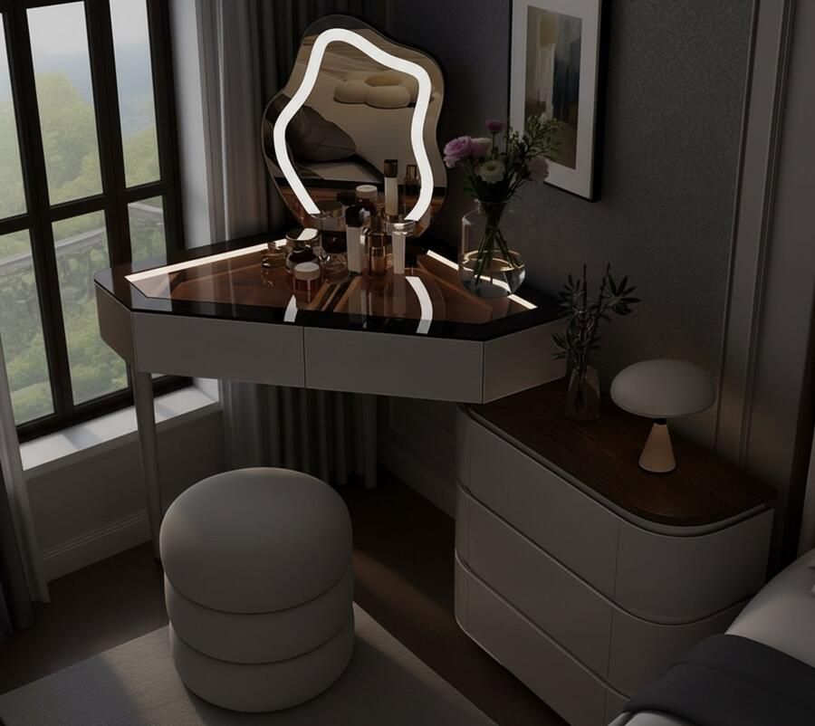 HomeByNicole Luxe Hoek Schminktisch met LED Spiegel & Hocker – Moderne Make-up Tafel met 3 Kleuren Verlichting – 5 Lades & Houten Design – Friseertafel voor Slaapkamer & Hoekruimte – Wit 80 cm