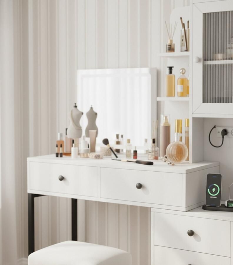 HomeByNicole Luxe Schminktisch met LED Spiegel – 3 Lichtkleuren & Verstelbare Helderheid – Grote Opbergruimte met 5 Lades Open Planken & Stopcontacten – Make-up Tafel voor Slaapkamer – Wit 80x40x143 cm