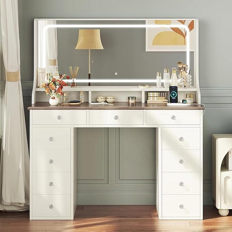 HomeByNicole Luxe Schminktisch met LED Verlichting 11 Schubladen Grote Spiegel met 3 Lichtkleuren & Steckdose – 110 cm Make-Up Tafel voor Slaapkamer & Kledingkamer – Vintage Bruin