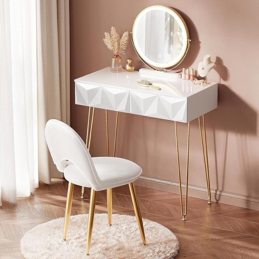 HomeByNicole Luxe Schminktisch mit LED Beleuchtung & Samtstuhl – Moderner Frisiertisch mit Spiegel 3 Lichtfarben 2 Schubladen Weiß Hochglanz & Goldene Metallbeine – Eleganter Kosmetiktisch für Schlafzimmer 80 cm