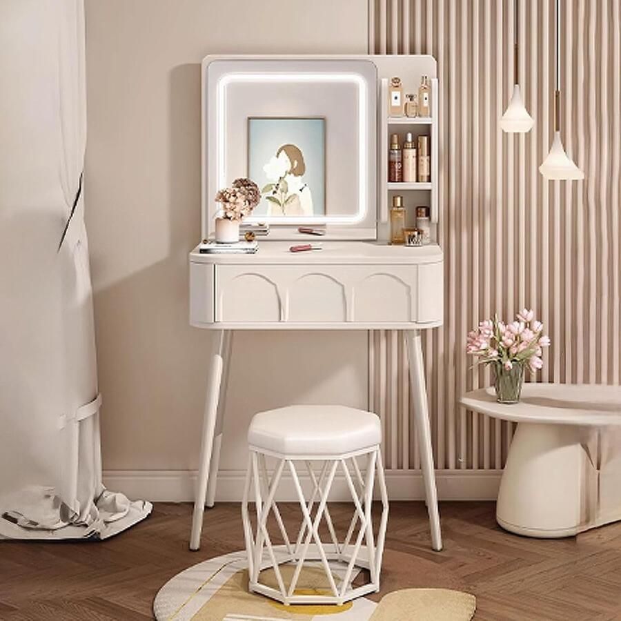 HomeByNicole Luxe Schminktisch mit LED Beleuchtung Spiegel & Hocker – Moderner Frisiertisch mit Schubladen & Metallbeinen – Weißer Make-up Tisch 80x40x132 5 cm – Schminktisch für Schlafzimmer Kosmetiktisch mit Beleuchtung & Spiegel