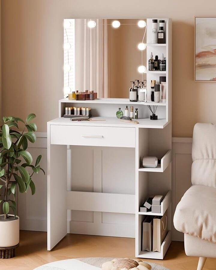 HomeByNicole Luxe Schminktisch mit LED Spiegel & 10 Lichtkugeln – Moderner Frisiertisch mit 1 Schublade & 7 Offenen Fächern – Weiß – 3 Farbmodi Einstellbare Helligkeit Kosmetiktisch für Schlafzimmer & Make-up Bereich (67x36x138 cm)
