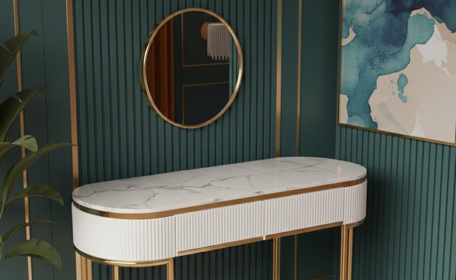 HomeByNicole Luxe Schminktisch mit Spiegel & Hocker – Moderner Kosmetiktisch mit 2 Schubladen – Weiß Gold Frisiertisch Holz – Stilvolles Make-up Set für Schlafzimmer & Ankleidezimmer