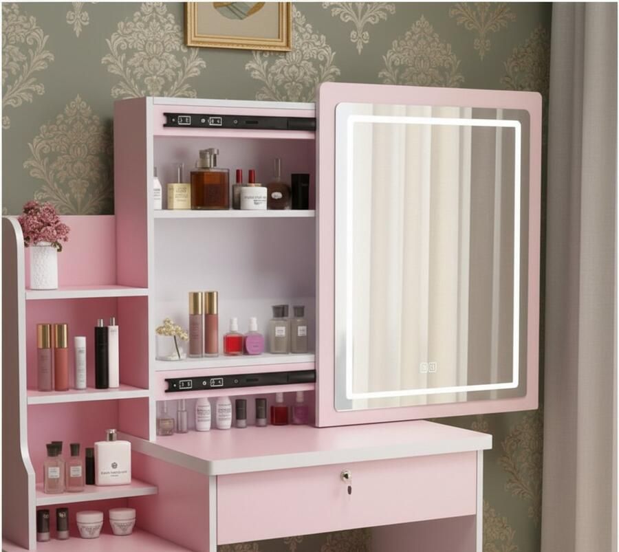 HomeByNicole Luxe Schminktisch Set met LED-Verlichting Spiegel & Hocker – 4 Lades – 80 cm – Make-up Tafel voor Slaapkamer – Roze Wit