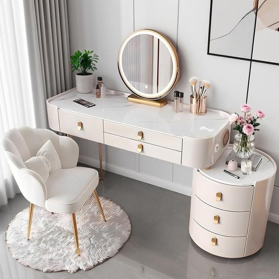 HomeByNicole Luxe Smart Schminktisch mit LED Spiegel & Bluetooth – Kosmetiktisch mit Glasplatte Hocker Schubladen & Kabelloser Ladestation – 100 cm Schminktisch Weiß & Gold – Moderner Frisiertisch für Schlafzimmer