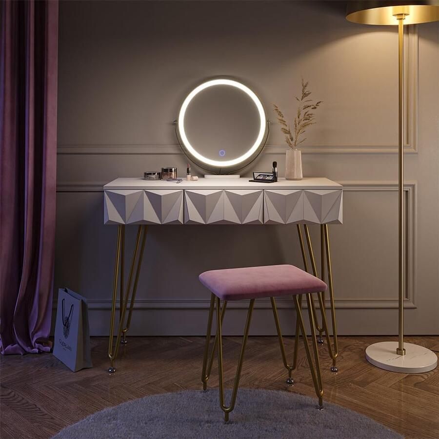 HomeByNicole Luxuriöser Schminktisch Aurora mit LED Spiegel 3 Schubladen & Komfort-Hocker Weiß Hochglanz Modernes Design 100 cm – Perfekt für Schlafzimmer & Ankleidezimmer