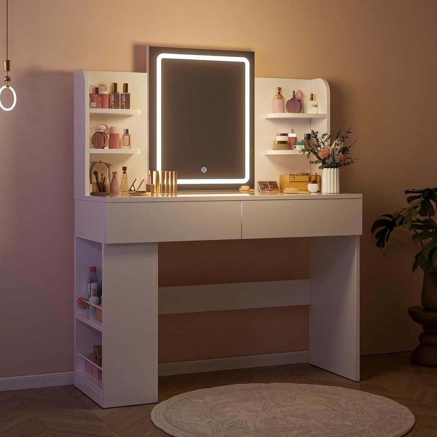 HomeByNicole Luxuriöser Schminktisch mit LED-Beleuchtung – 108x40 cm Frisiertisch mit großem Spiegel 3 Lichtfarben & dimmbarer Helligkeit 2 Schubladen & offene Ablagen – Moderner Kosmetiktisch für Schlafzimmer & Ankleidezimmer – Weiß Matt