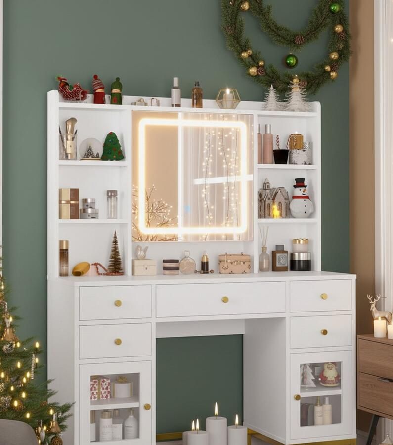 HomeByNicole Luxuriöser Schminktisch mit LED-Beleuchtung 3 Lichtfarben Einstellbare Helligkeit Kosmetiktisch mit Spiegel Steckdosen und USB-Anschluss 5 Schubladen 3 Offene Fächer Schmuckaufbewahrung & Verstellbare Ablagen – Moderner