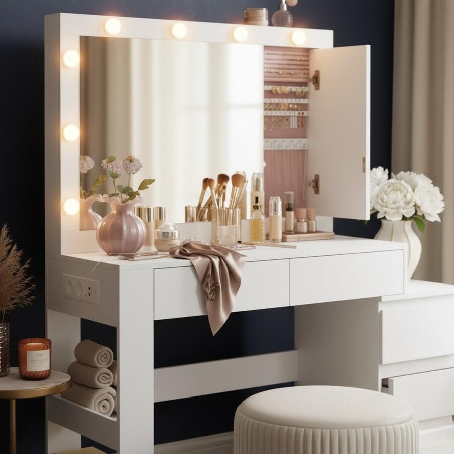 HomeByNicole Luxuriöser Schminktisch mit LED-Beleuchtung Frisiertisch mit Spiegel Schmuckschrank und Schubladen – Kosmetiktisch mit Steckdosenleiste Modernes Design Wolkenweiß 40 x 125 x 140 cm