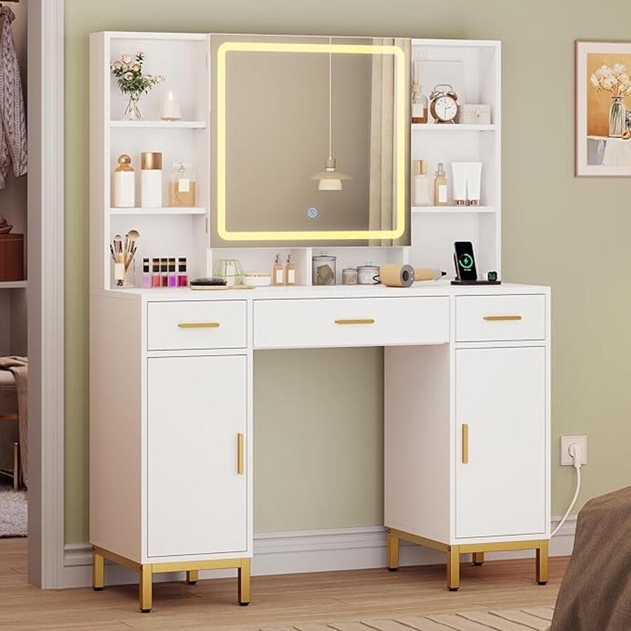 HomeByNicole Luxuriöser Schminktisch mit LED-Beleuchtung Spiegel & Steckdosen Großer Kosmetiktisch mit 8 offenen Ablagen 3 Schubladen & 2 Schränken – Weiß Moderner Frisiertisch für Schlafzimmer & Ankleidezimmer
