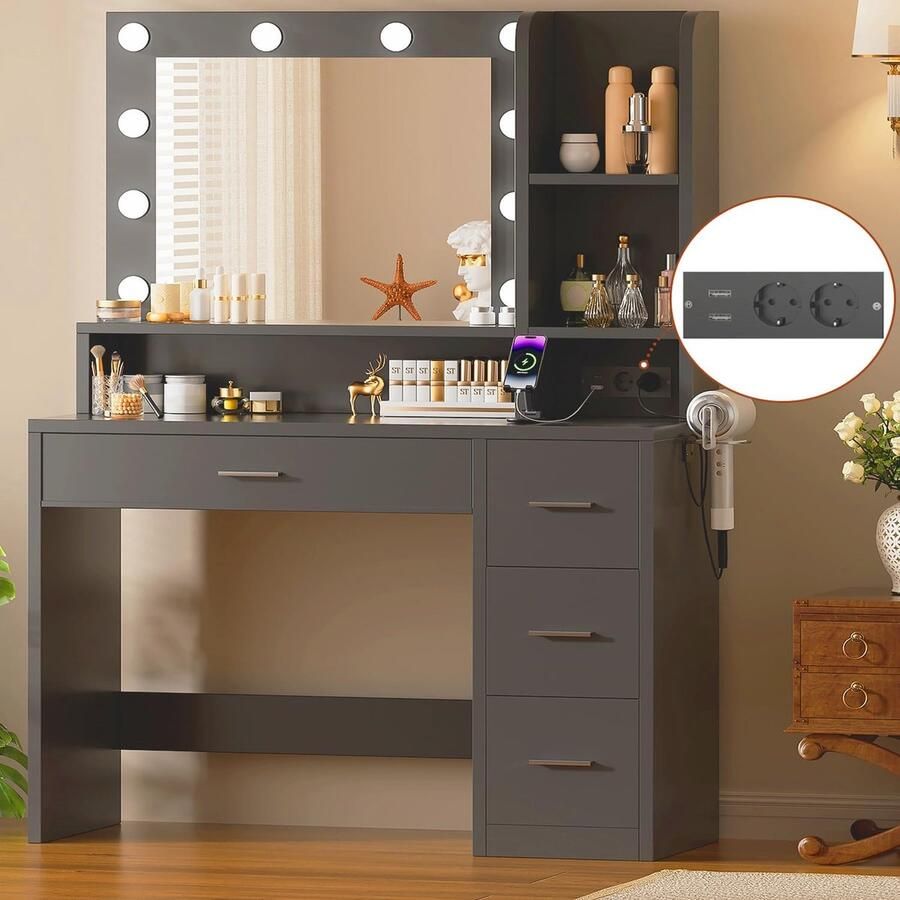 HomeByNicole Luxuriöser Schminktisch mit LED Spiegel 4 Schubladen & Integrierte Steckdosen – Moderner Kosmetiktisch für Schlafzimmer Makeup & Beauty-Organisation Schwarz 100 x 40 cm